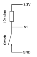 Schematic showing A1 pulled up to 3.3V with 10K resistor and switch to ground