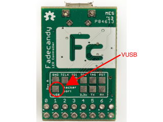 Rear of Fade Candy PCB showing VUSB pad